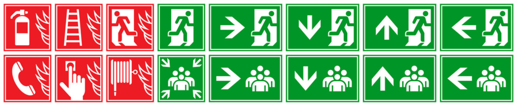 Evacuation plan sign set. Emergency exit, assembly point and fire safety labels. Evacuation route and fire action icons.
