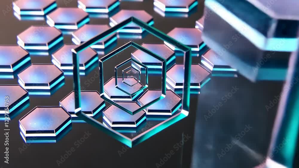 Poster a row of hexagonal shapes with a purple background. the hexagons are black and blue