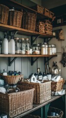 A beautifully organized storage space showcasing glass jars and woven baskets. This image captures the essence of minimalistic design and functional decor. Generative AI
