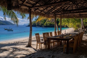 Tropical beach lunch, idyllic setting, ocean view, palm trees, relaxation