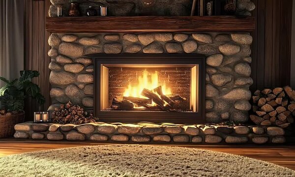 Cozy stone fireplace burning in rustic cabin