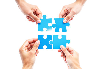 Four hands holding blue puzzle pieces connecting them, forming a complete puzzle piece on a clean white background. Concept of teamwork. Ai generative