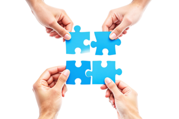 Four hands holding blue puzzle pieces connecting them, forming a complete puzzle piece on a clean white background. Concept of teamwork. Ai generative