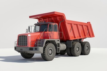 Fototapeta premium A large red dump truck, powerful and robust, designed for heavy-duty hauling in construction or mining.