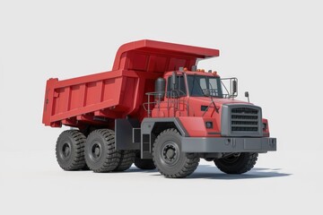 A large red dump truck, robust and powerful, designed for heavy-duty hauling tasks in construction or mining.