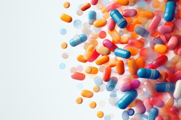 Colorful pills and capsules falling against a white background, representing pharmaceuticals, medicine, and healthcare