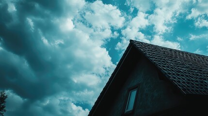 House exterior with view of the dark pitched roof against a cloudy blue sky