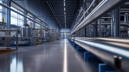 A hyper-realistic factory where pipes and ducts are prominently featured, connecting automated systems that produce large quantities of products with high efficiency.