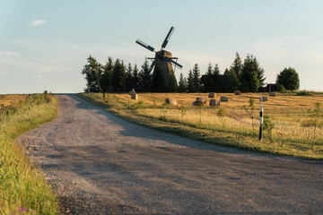 Wooden Windmill on Hillside in Autumn Rural Belarusian Landscape