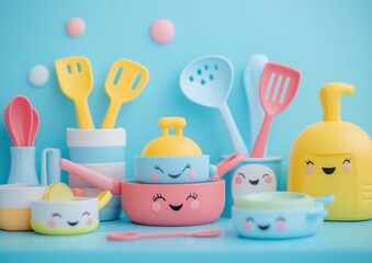 Cute pastel kawaii toy kitchen with pots and pans