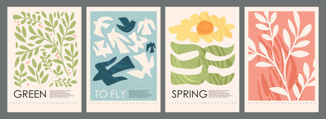 Artistic banners collection with botanical patterns flower and flock of birds. Floral spring patterns and backgrounds. Vector illustration.
