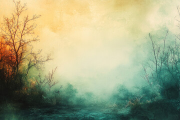 Obraz premium Misty forest path at sunrise with colorful sky