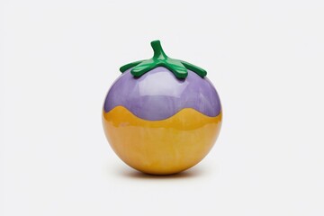 A spherical object with purple and yellow sections, topped with a green stem.