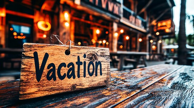 A rustic wooden sign reading "Vacation" sits on a weathered outdoor table, blurring the background of a lively restaurant or bar, suggesting a break from daily life.