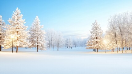Obraz premium Snowy park winter sunrise, lamplight illuminating frosted trees, peaceful scene, ideal for winter holiday cards