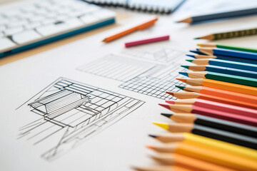 Colorful pencils arranged beside architectural sketches on a workspace with tools and notes