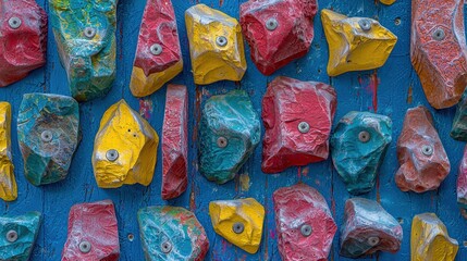 Fototapeta premium Colorful climbing wall textures close-up view indoor sport environment