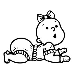 Surprised baby learning to crawl. Hand drawn doodle. Little girl in diaper and sweater. Child. Cute newborn with bow on head. Vector line art illustration.