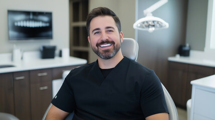 Fototapeta premium A clean and modern dental office with a patient reclining in the chair, ready for their checkup.