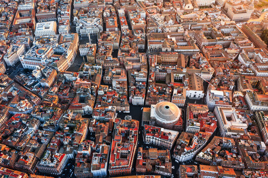 Aerial view of Pantheon and rooftops in the old city, Rome, Italy