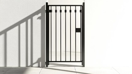 A modern black gate stands against a white wall. Its lines are striking and geometric. The shadows cast add a sense of depth and intrigue. Generative AI