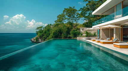 Breathtaking oceanfront villa with infinity pool. Luxurious modern design, dream vacation escape. Paradise, travel, architecture, lifestyle, relax, sunny, serene scene.