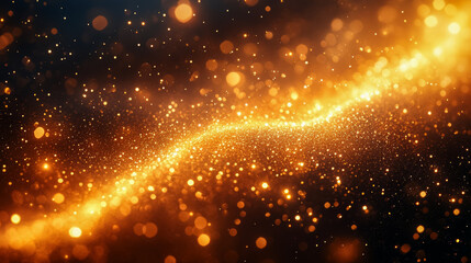 Obraz premium Brilliant golden bokeh stream on dark backdrop. Festive sparkles, warm, luxury texture. Ideal for holiday, celebration, design, art, magic, and event projects.