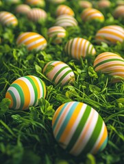 Obraz premium A bunch of striped eggs are scattered across a green field. The eggs are yellow and green, and they are arranged in a way that creates a sense of movement and energy