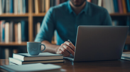 A cozy home office with a student taking an online course on their laptop, surrounded by textbooks and a coffee cup.