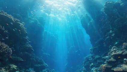 Obraz premium Sunbeams illuminating a stunning coral reef in the deep blue ocean create a breathtaking underwater scene, showcasing vibrant marine life and a serene, tranquil environment