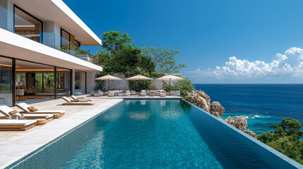 Fototapeta premium Luxury modern villa with infinity pool, ocean view. Dream vacation home, architecture and design. Paradise escape, travel, lifestyle, relax, sunny, serene.