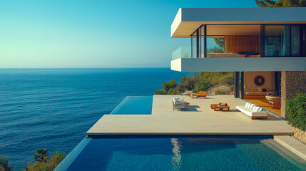 Fototapeta premium Luxury seaside villa with infinity pool. Modern architecture, panoramic ocean views. Minimalist design, elegant living, outdoor terrace. Coastal, home, pool, lifestyle.