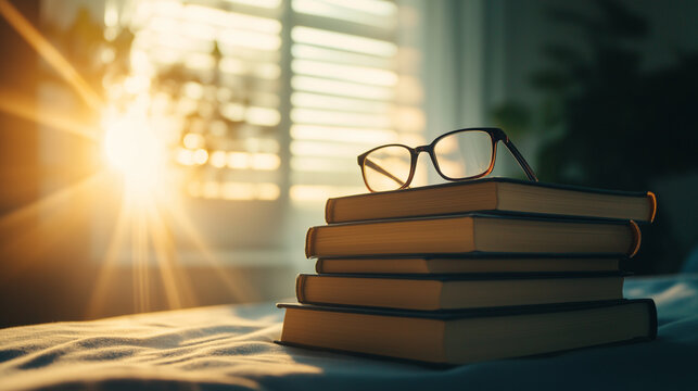 A stack of hardcover books with reading glasses resting on top, bathed in soft, natural light.