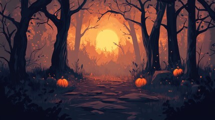 Autumnal Forest Path With Pumpkins At Sunset