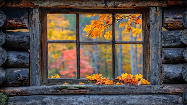 Fototapeta Autumnal forest view from rustic cabin window