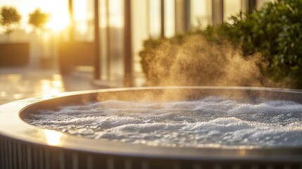 Fototapeta premium Serene Hot Tub with Steam at Sunset in Relaxing Outdoor Space