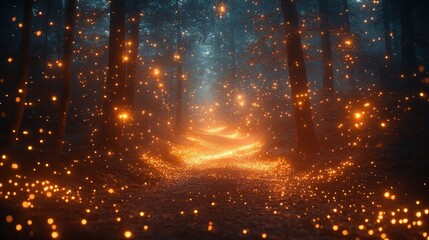 Naklejka premium Enchanting Fireflies Illuminating a Mystical Forest Path at Twilight with a Dreamy Atmosphere