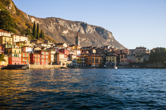 Varenna town at sunset on lake Como, Lecco, Italy