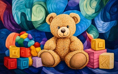 A colorful crayon collage featuring favorite childhood toys, including teddy bears and building blocks, capturing a playful and nostalgic feel.