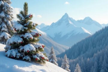 Fototapeta premium Snow-covered pine tree with bright green needles and bright red berries in front of a snowy mountain landscape, peaceful landscape, snow covered trees