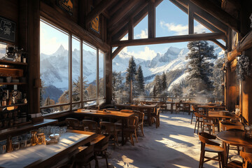 Fototapeta premium Warm Welcome: A Rustic Mountain Lodge Offering Comfort and Drinks