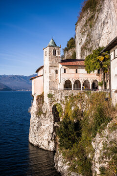 Santa Caterina del Sasso monastery on Lake Maggiore on a sunny day, Italy