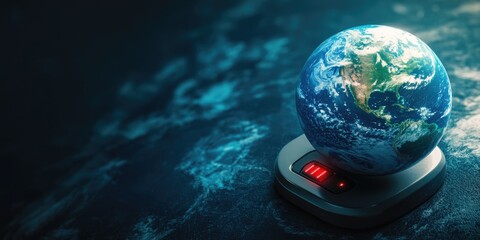 A small planet is sitting on a scale. The scale is red and black. The planet is the size of a basketball