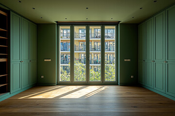 Obraz premium Empty green room with hardwood floor, city view window, built-in cabinets, natural light