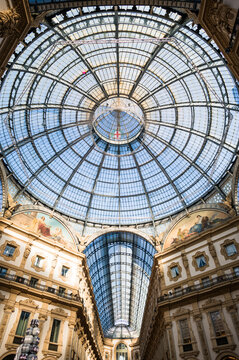 Glass dome of the historic shopping arcade, Galleria Vittorio Emanuele II, Milan, Italy