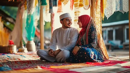 Young couple sitting together on a colorful rug in a vibrant market, enjoying the moment - Powered by Adobe