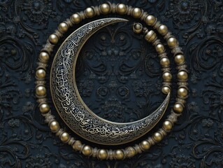 A gold and silver crescent moon with Arabic writing on it. The moon is surrounded by a gold and silver string of beads