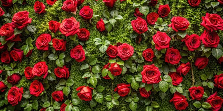 A lush floral wall background featuring stunning red roses with greenery and vines, creating a romantic and intimate ambiance