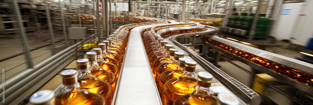 Poster bottling process in a distillery at midday