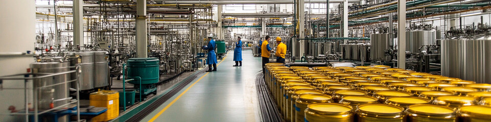 Fototapeta premium Industrial facility with workers and large containers in operation